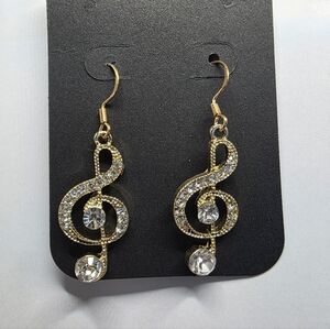 Treble Clef Gold Plated Rhinestone‎ Music Note Earrings Handmade Hypoallergenic